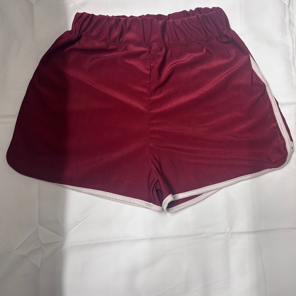 Burgundy Red Athletic Running Shorts‎ White Trim Elastic Waistband